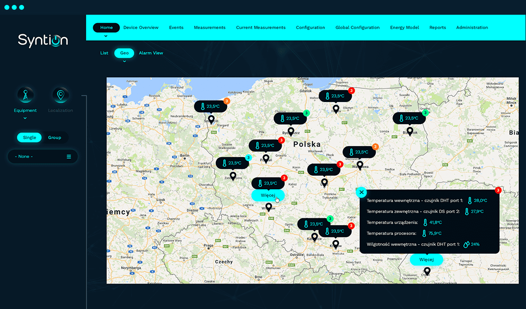 View of geographical location of objects on the map. Enables easy and fast viewing of the most important events and measurement data.